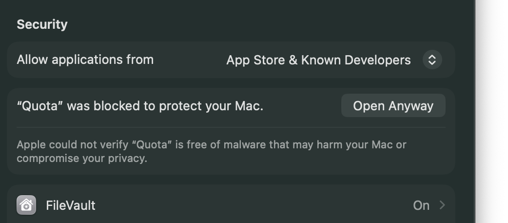 System Settings, Privacy & Security, Security section with the Open Anyway button next to the Quota entry